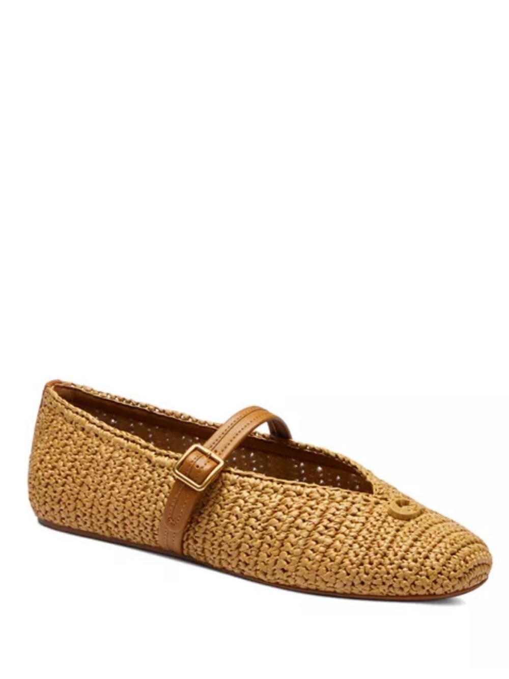 Coach sculpted Tan Crochet Mary-Jane Raffia Flat with Leather Strap